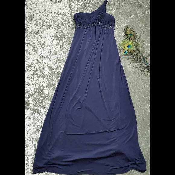 Adrianna Papell Navy One Shoulder Beaded Gown - Picture 1 of 8